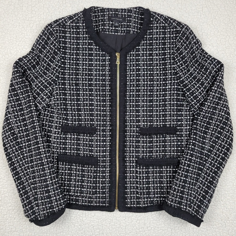 Ann Taylor Jacket Women's Size 8 Black Wool Blend Tweed Full Zip Lined Pockets